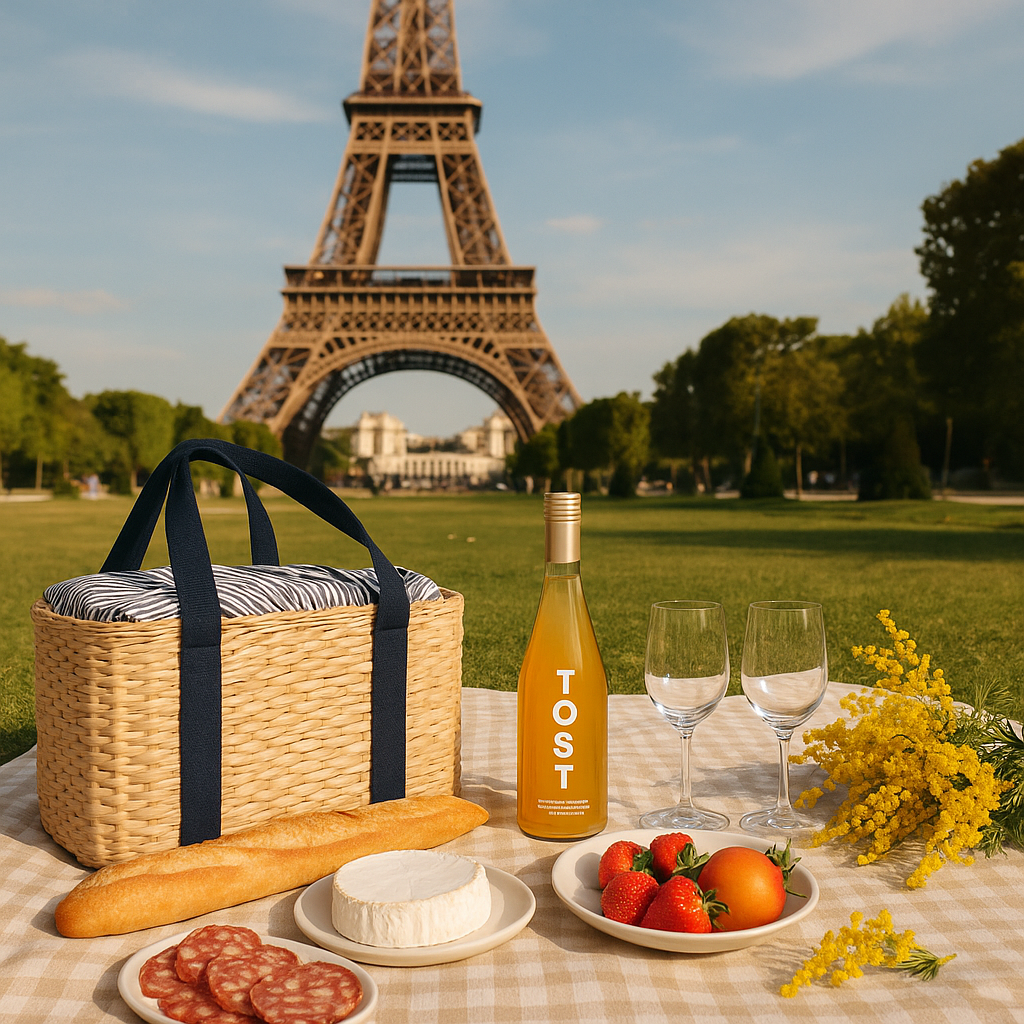 French picnic scene with tost beverage, picnic basket and food on the picnic table cloth in France. ekuBOX