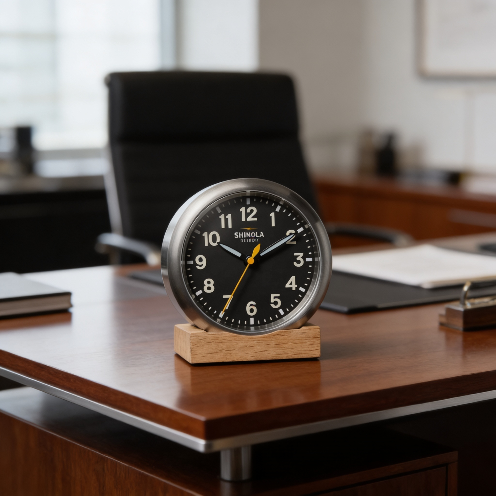 Shinola desk clock on a blurred office desk, representing the quality and intentionality of luxury corporate gifting