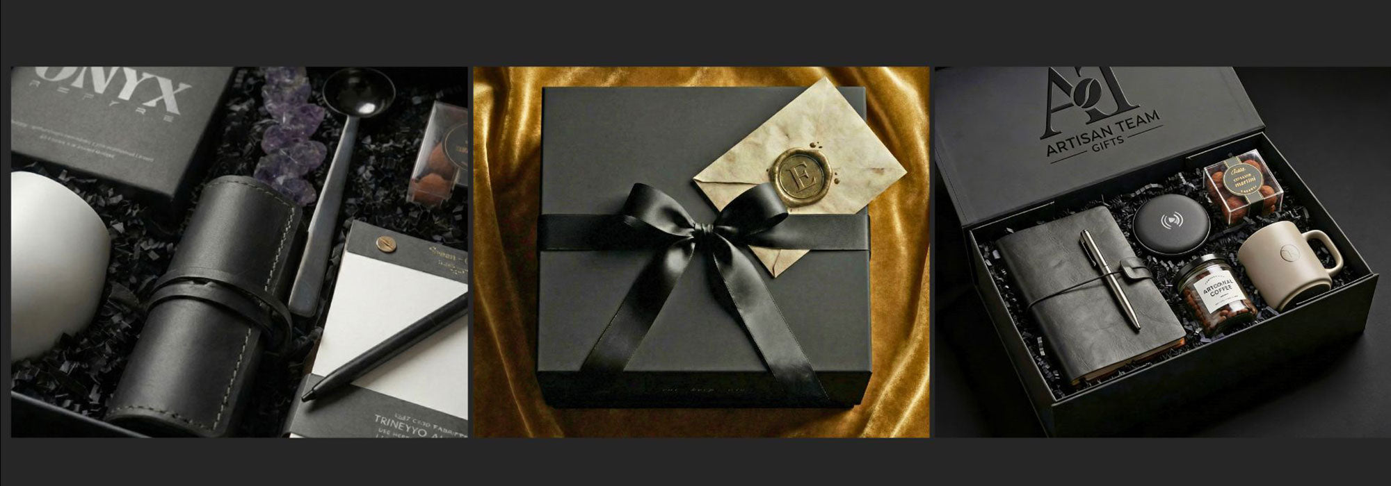 A luxury ekuBOX gift box with a navy grosgrain ribbon and gold-foil embossed logo lid, styled for corporate semi-custom branding.