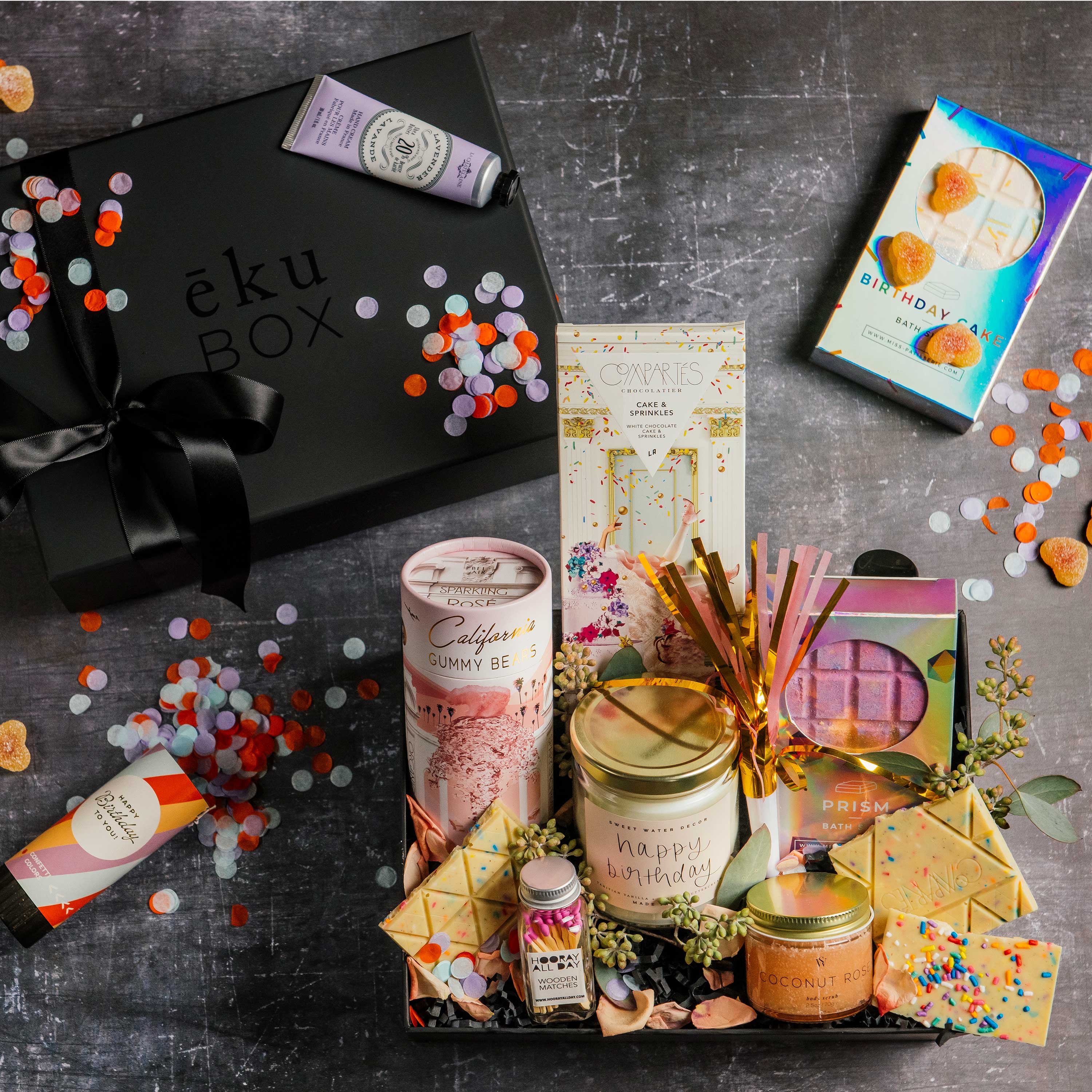 A refined birthday gift box presented with subtle confetti accents for an elevated celebratory look.