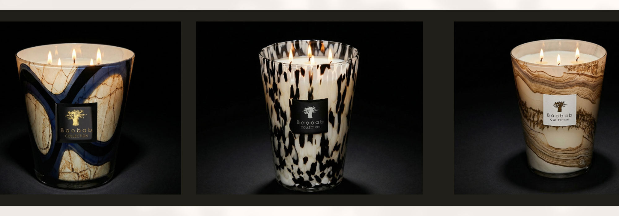 ekuboutique featuring Baobab candles an image of three candles with different vessels.