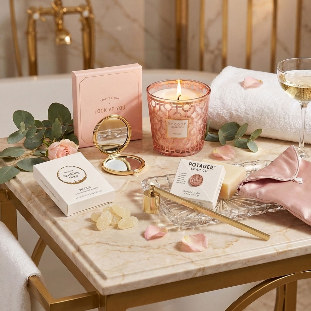 Marble table with Baobob woman candle gift set with soap, gummies, silk pillow cover, compact mirror, and candle snuffer.