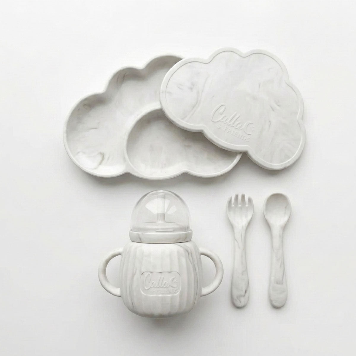 cloud shaped dish, sippy cup and fork and spoon