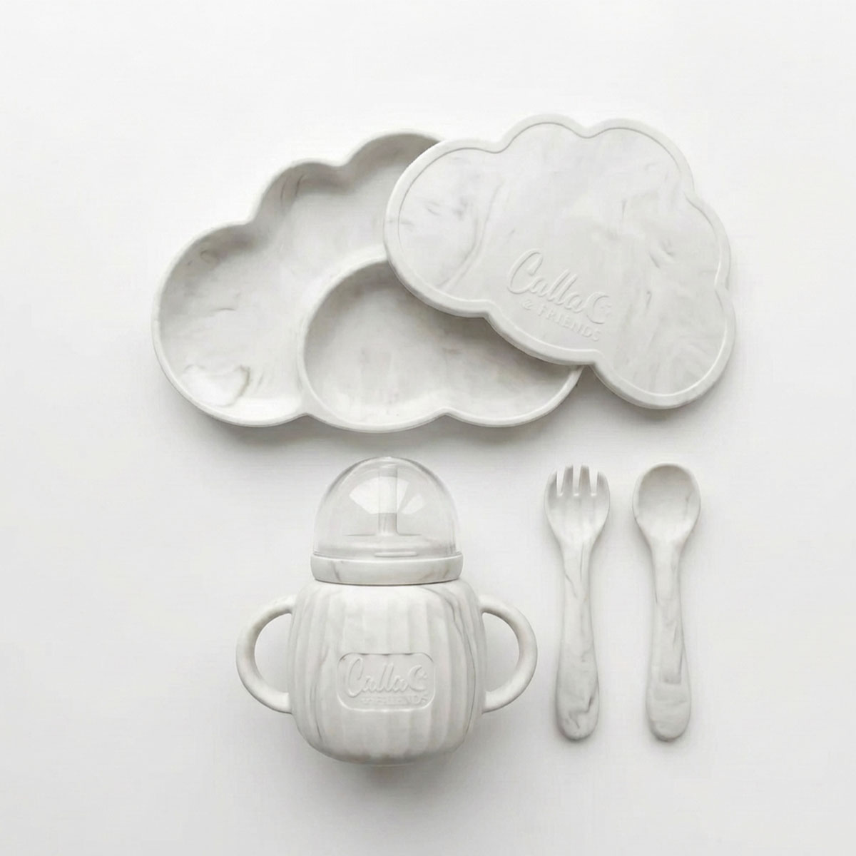 cloud shaped dish, sippy cup and fork and spoon
