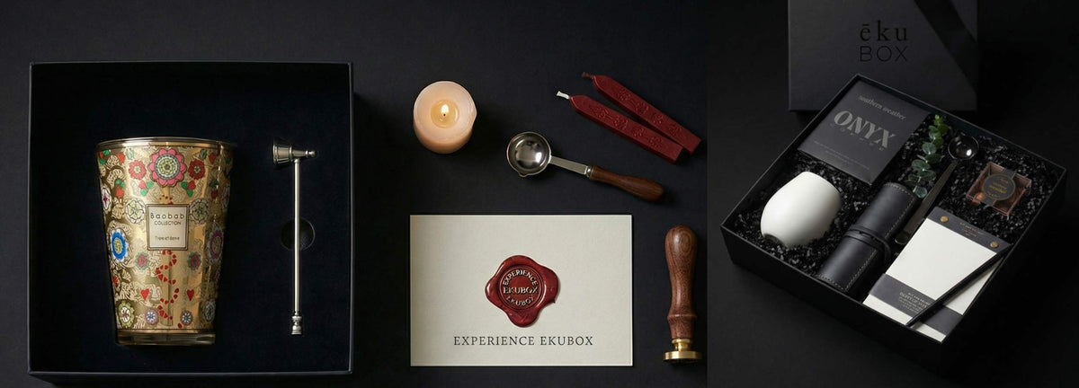 luxury corporate gifting collage baobab candle, match snuffer, wax seals and luxury gift boxes for corporate gifting