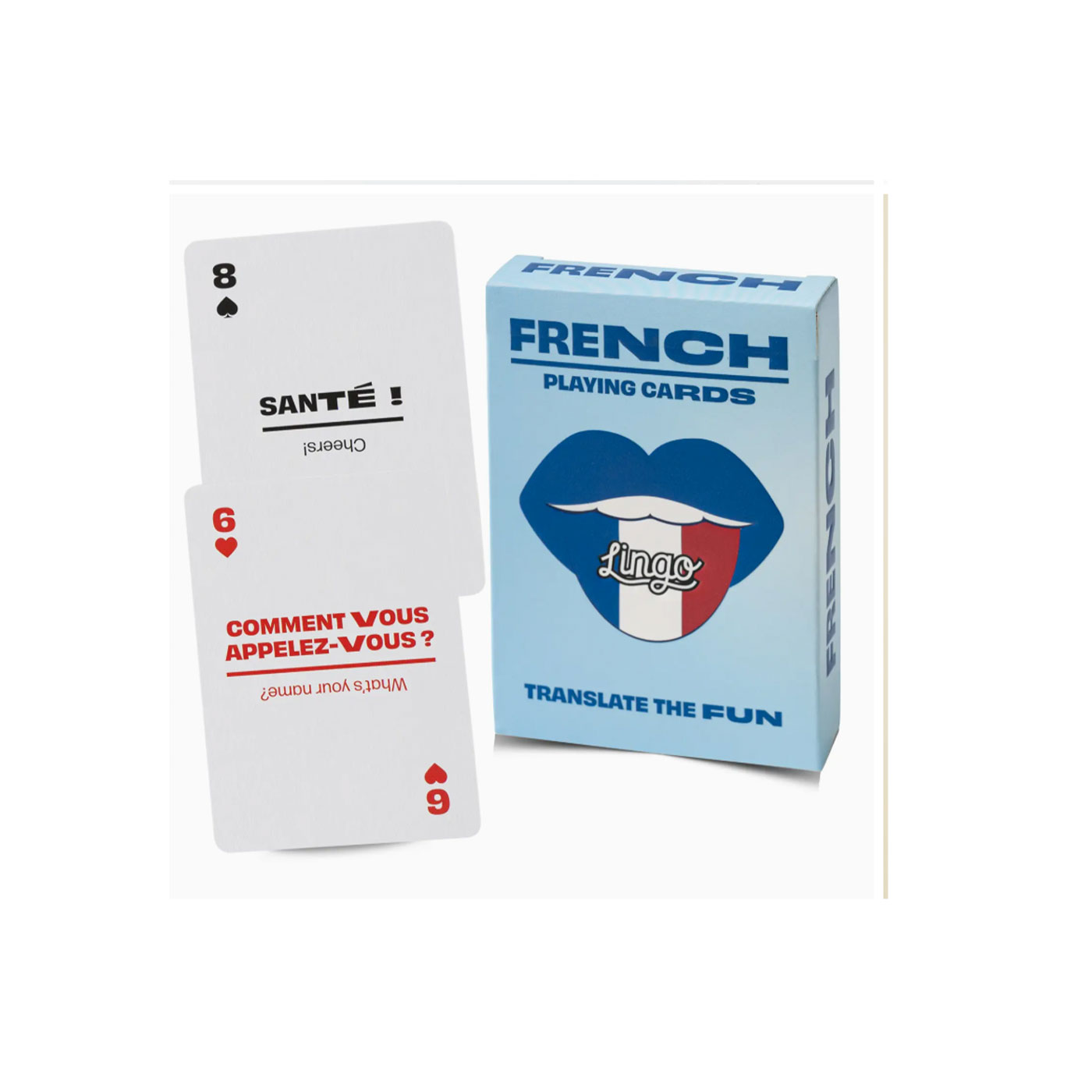 French playing cards in a blue box with sample cards on the site.