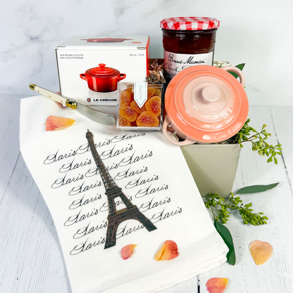 Le Creuset French Peach gift set - with peach jam, sugarfina peach bellini gummys, kitchen towel and flower petels
