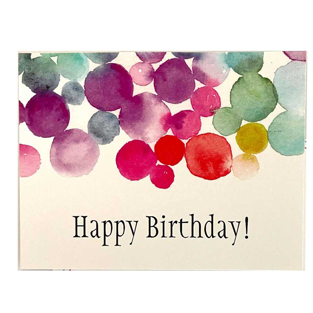 watercolor dots in purple, green with happy birthday in black on a white background - card choice