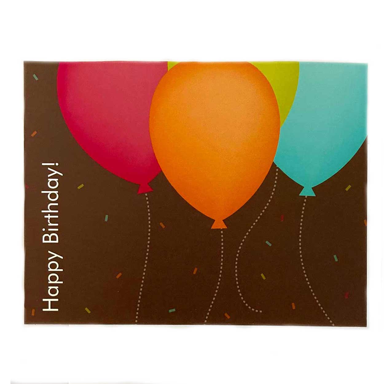 happy birthday gift card with 4 multi colored balloons on a brown background