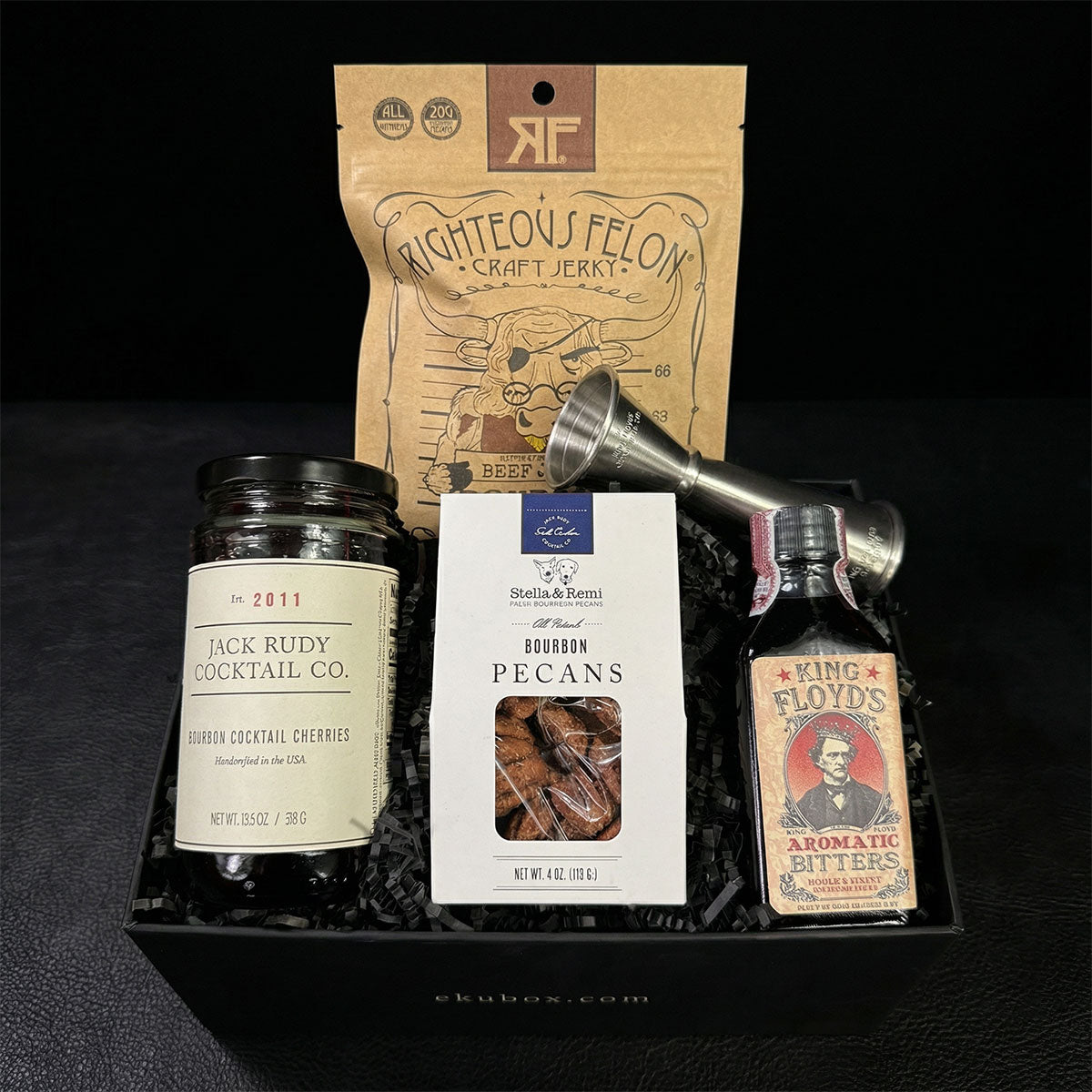 Just Add Bourbon Gift Box - non-alcoholic - pecans, cherries, bitters, jigger and jerky gift.