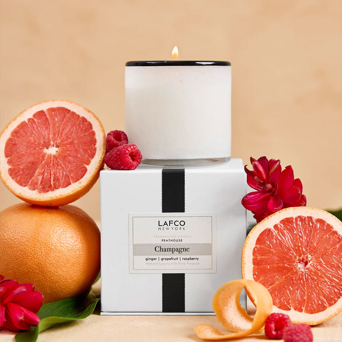 Lafco candle with grapefruit, raspberry, and red flower on a beige background