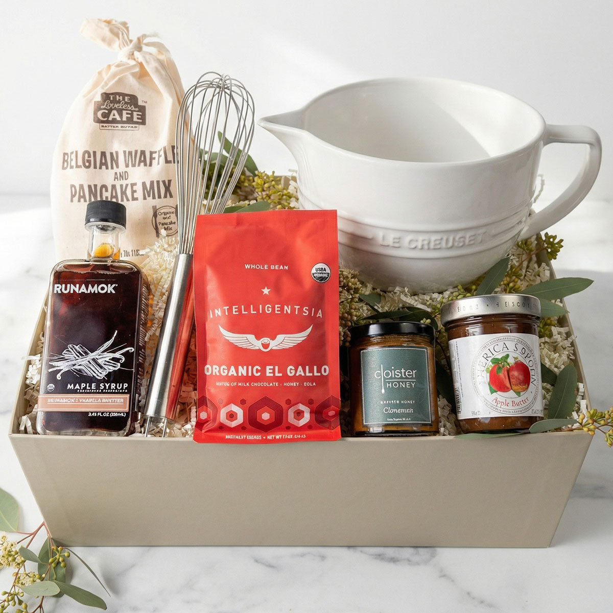 Le Creuset Batter Bowl Breakfast Gift Box maple syrup, honey, jam, coffee, whisk and pancake mix