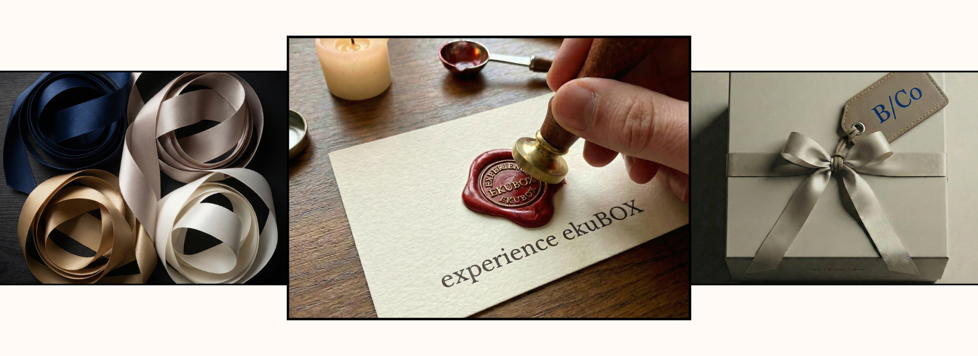 Collage of semi-custom gift examples: luxury gift box, ribbons, and hand-applied wax seal - examples of corporate gifting service.
