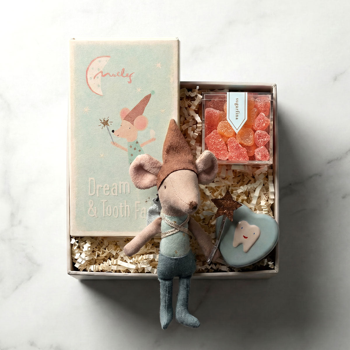 Maileg Big Brother Tooth Fairy Mouse with gold hat and sparkly backpack in a keepsake gift box