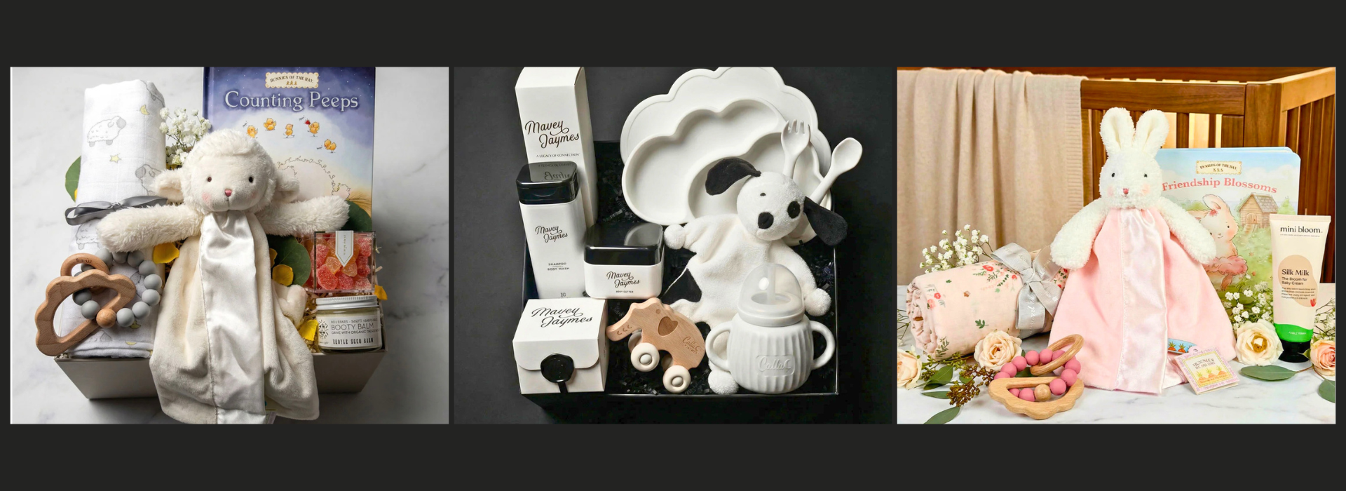 Luxury newborn baby gift box curated by ekuBOX for Mercy Bio employee recognition — hand-adorned in the ekuBOX studio with a plush lovey, soft swaddle, and Sugarfina treats for new parents