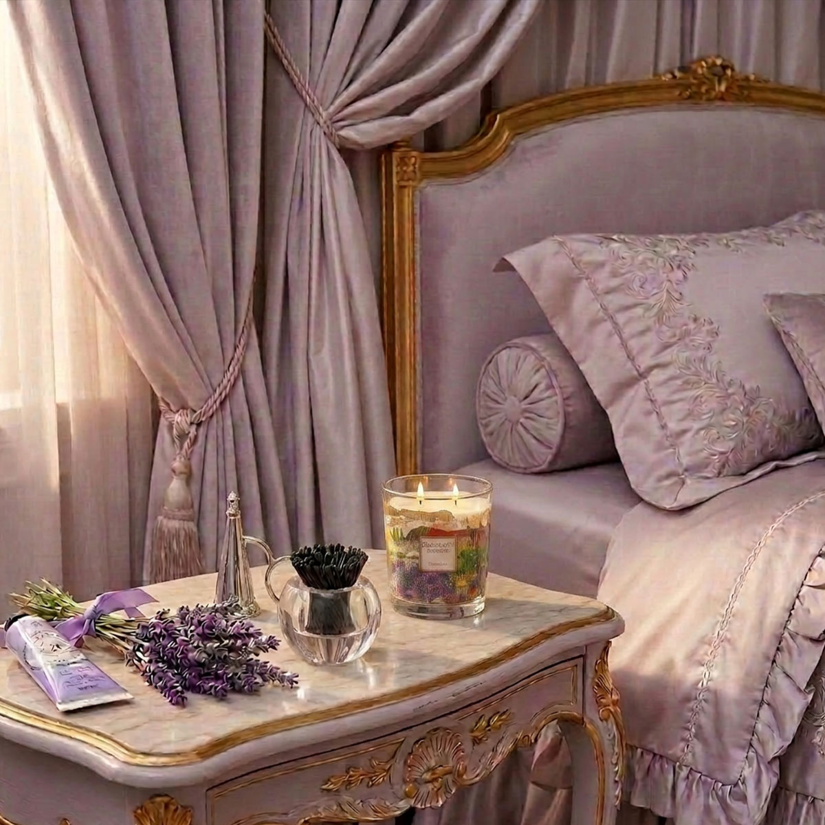 Luxurious bedroom with lavender-themed decor, including a bed and side table with a baobab candle, hand cream, lavender bouquet and match holder. Sizes in image are not exact representations of actual pieces.