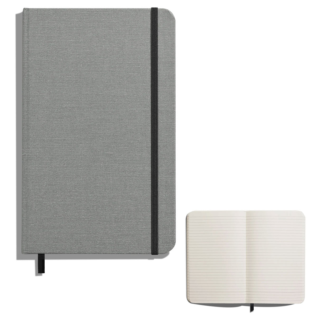 Gray linen Shinola notebook closed and shown open.