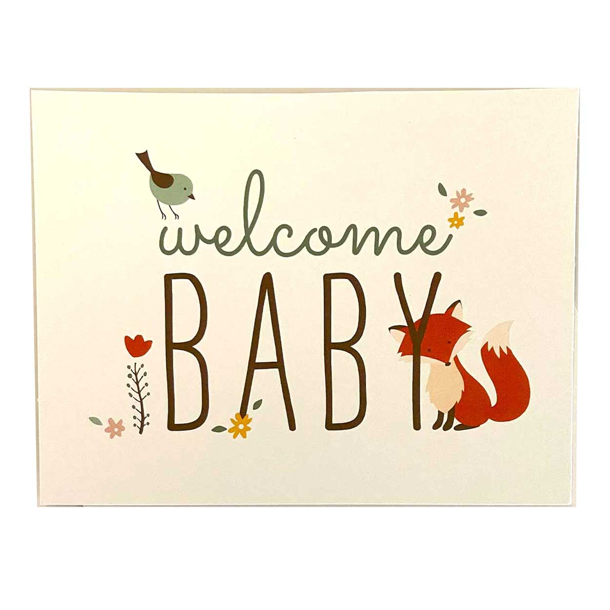 Welcome baby gift card with a little bird,flowers and a little red fox - new baby gift card choice