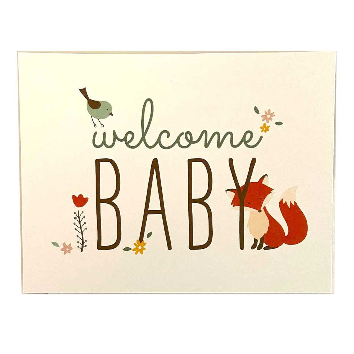 Welcome baby gift card with a little bird,flowers and a little red fox - new baby gift card choice
