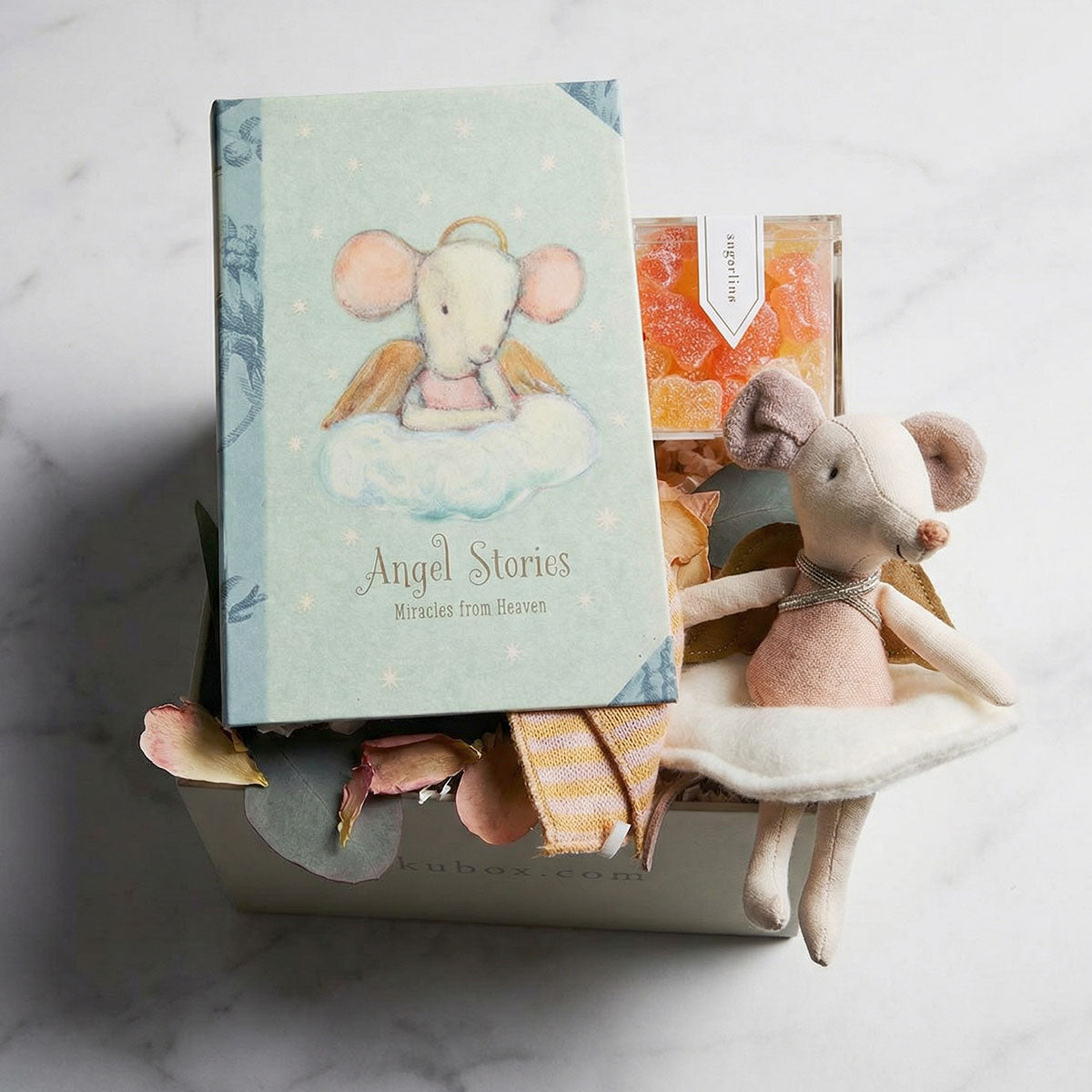maileg angel stories mouse and book with sugarfina candy gift box
