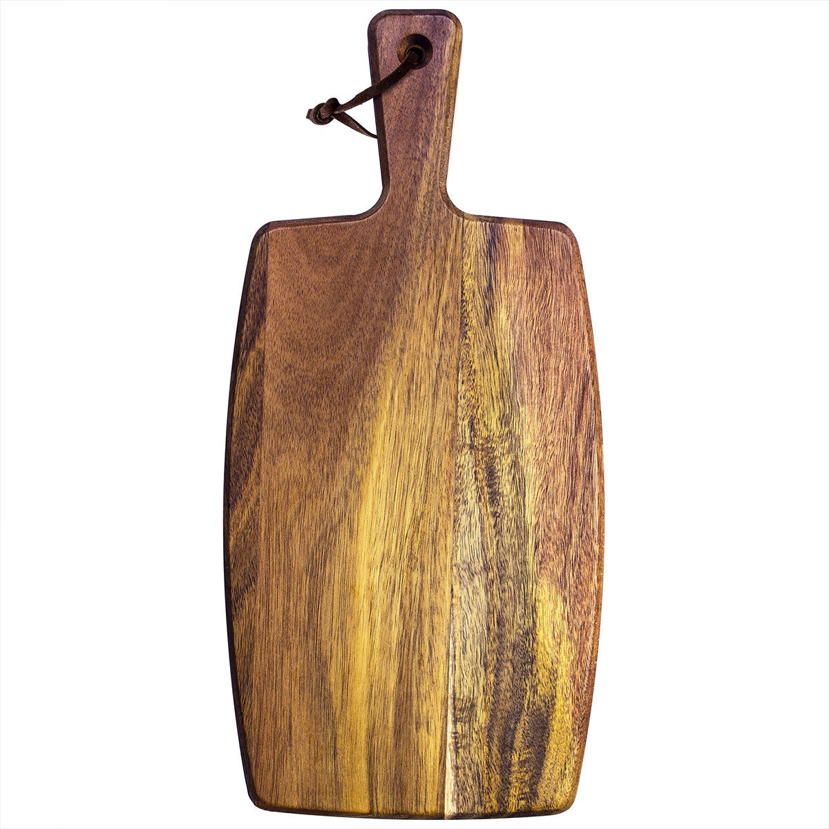 Wooden cutting board with a handle on a white background