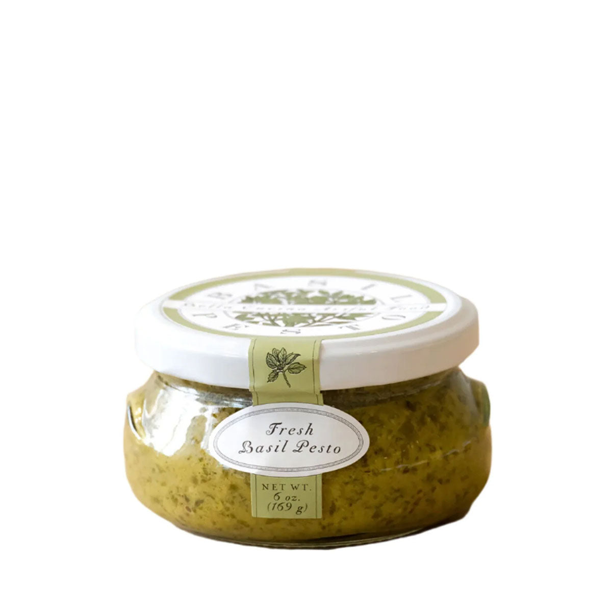 Jar of Bella Cucina Basil Pesto with a white label on a white background