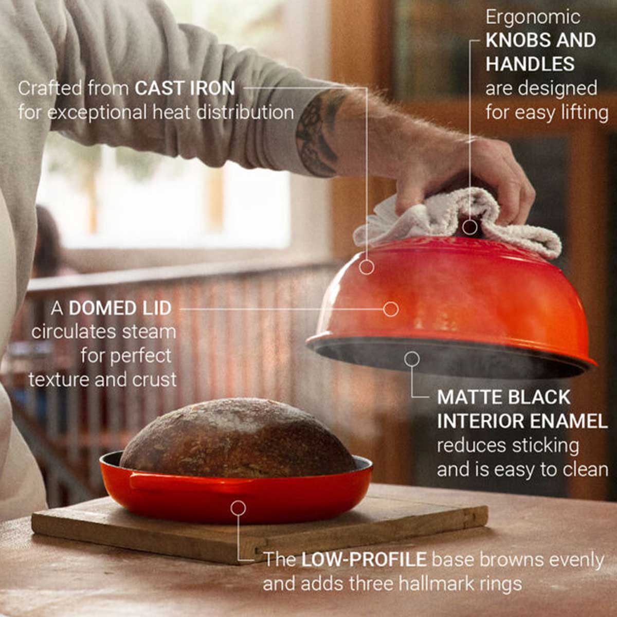 Le Creuset bread oven with sourdough bread with description