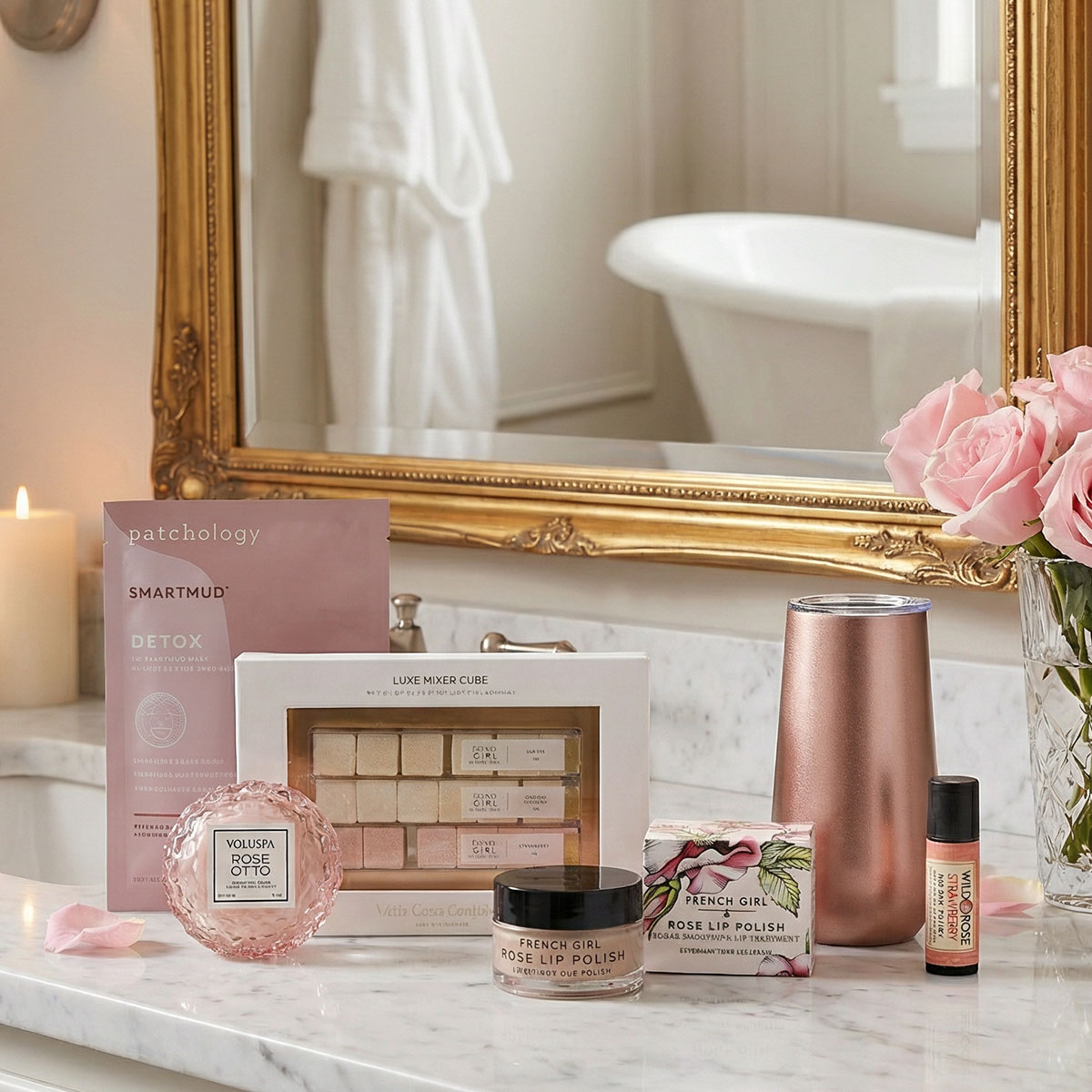 flute glass, lip balm, lip scrub, macaron candle, mimosa sugar cube kit, face mask in bathroom setting.