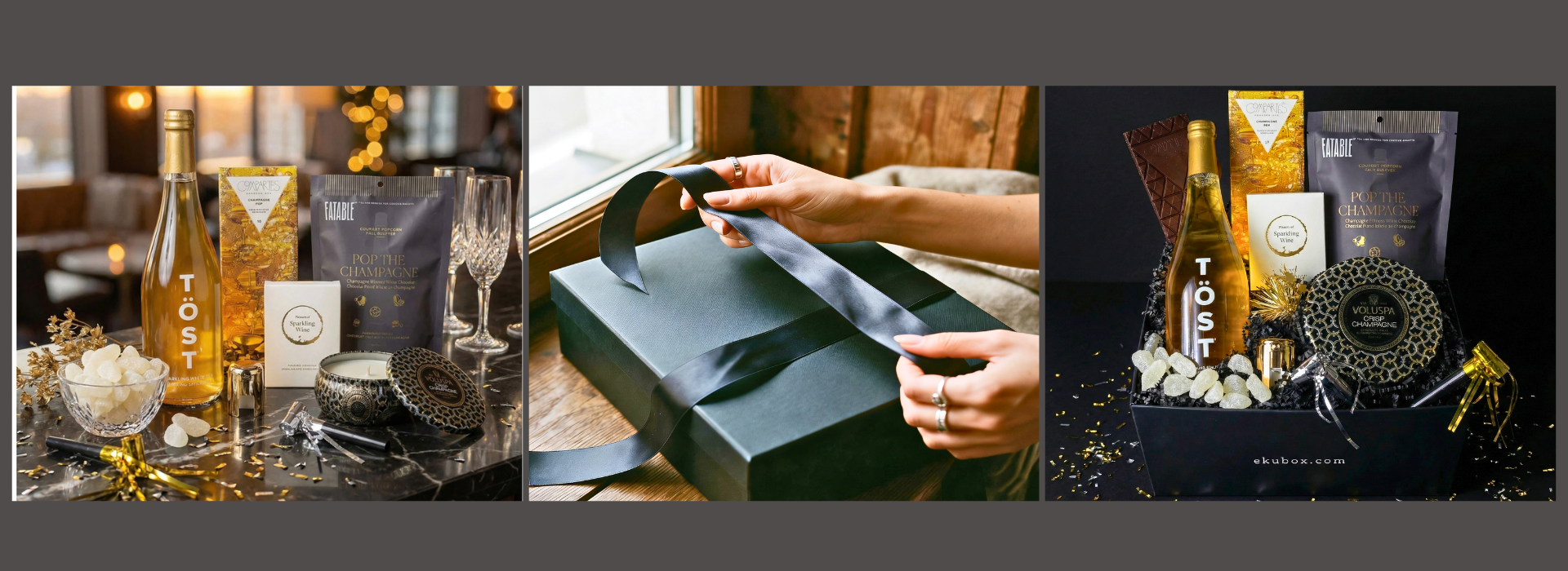 Luxury corporate event gift boxes curated by ekuBOX for CHG Healthcare β hand-adorned in the Franklin Michigan studio for raffle prizes and volunteer appreciation gifting programs