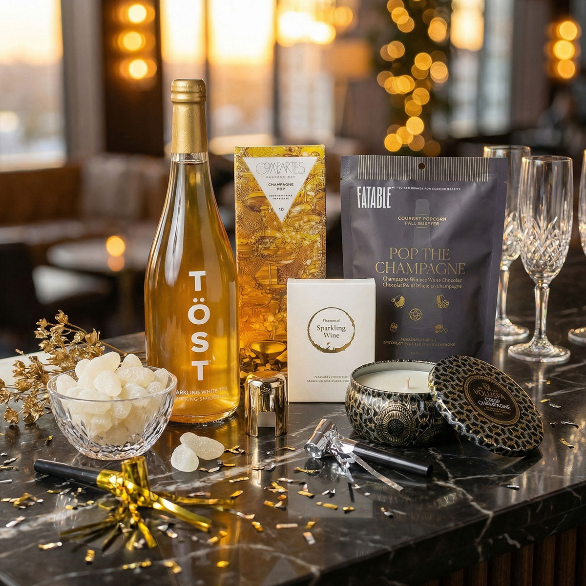 Bottle of Töst wine, chocolate, champagne popcorn, voluspa candle and gummies on a table.