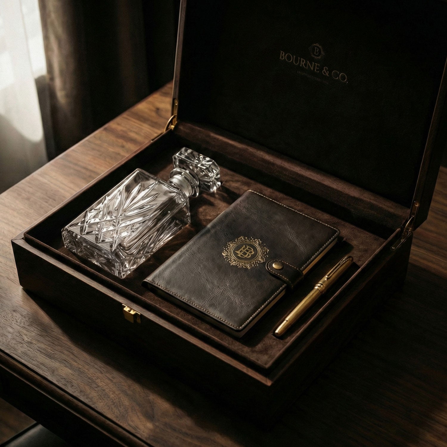 glass decanter, leather embossed notebook, and pen in a wooden box corporate branding -luxury gifting
