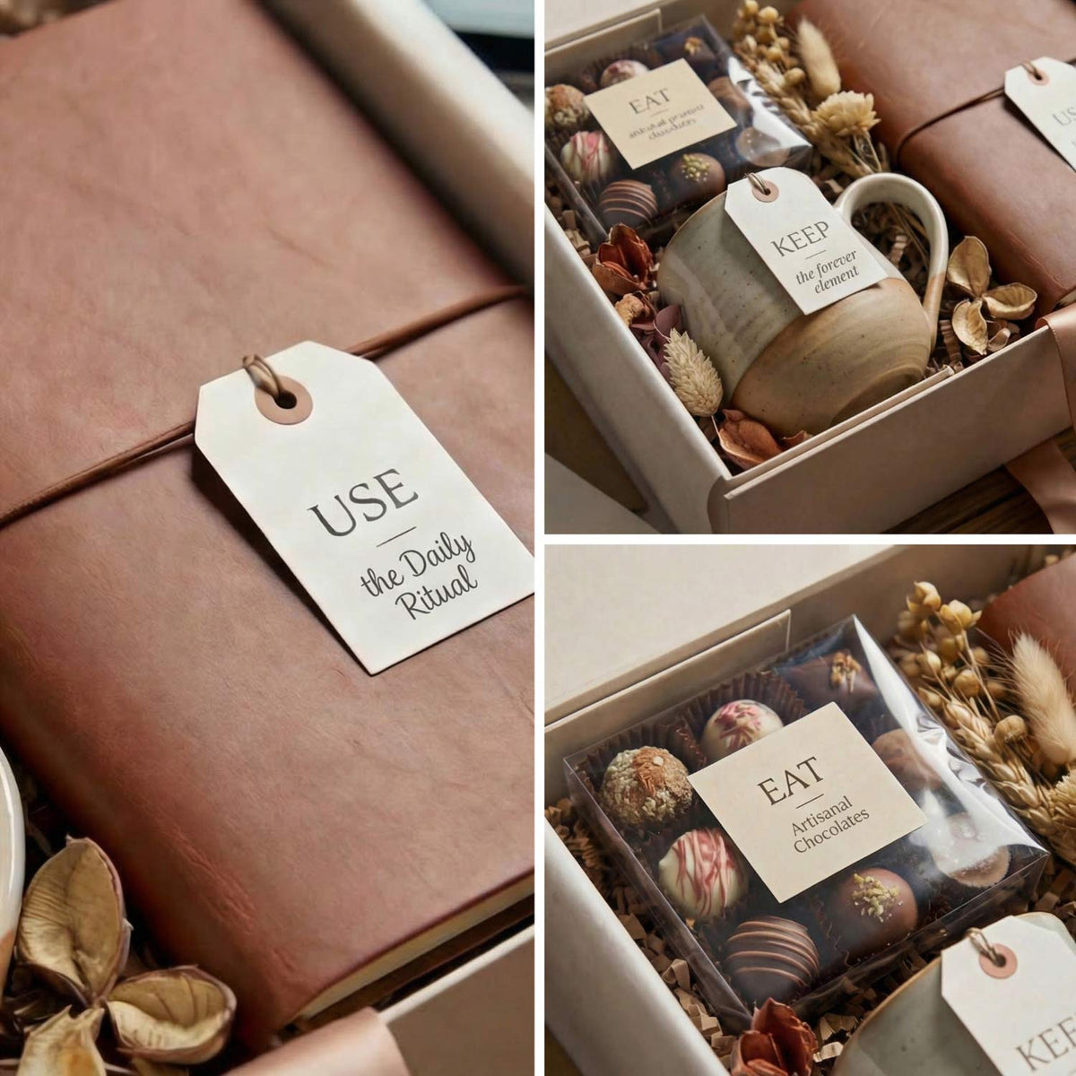 Collage of gift boxes, with chocolates, eat, keep and use tags with a notebook and dried flowers.