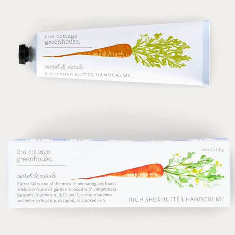 The cottage greenhouse carrot neroli handcream tube and box - featured in garden gift box