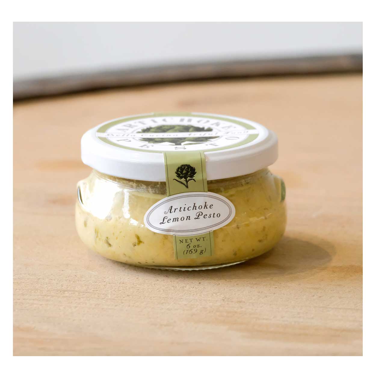 bella cucina artichoke lemon pesto jar on wood table, featured in garden gift box