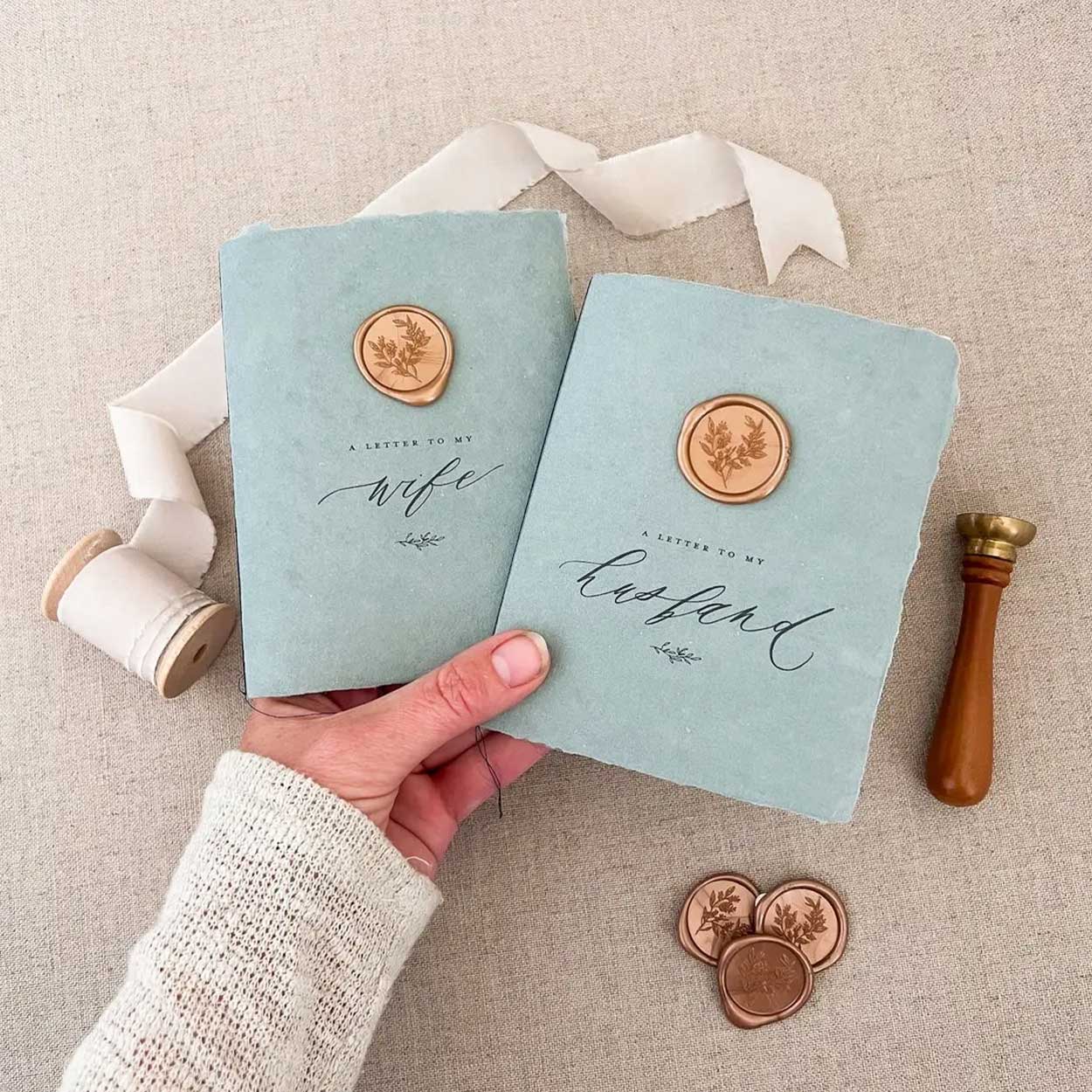 bride gift Something Blue husband and wife handmade vow books and wax seals