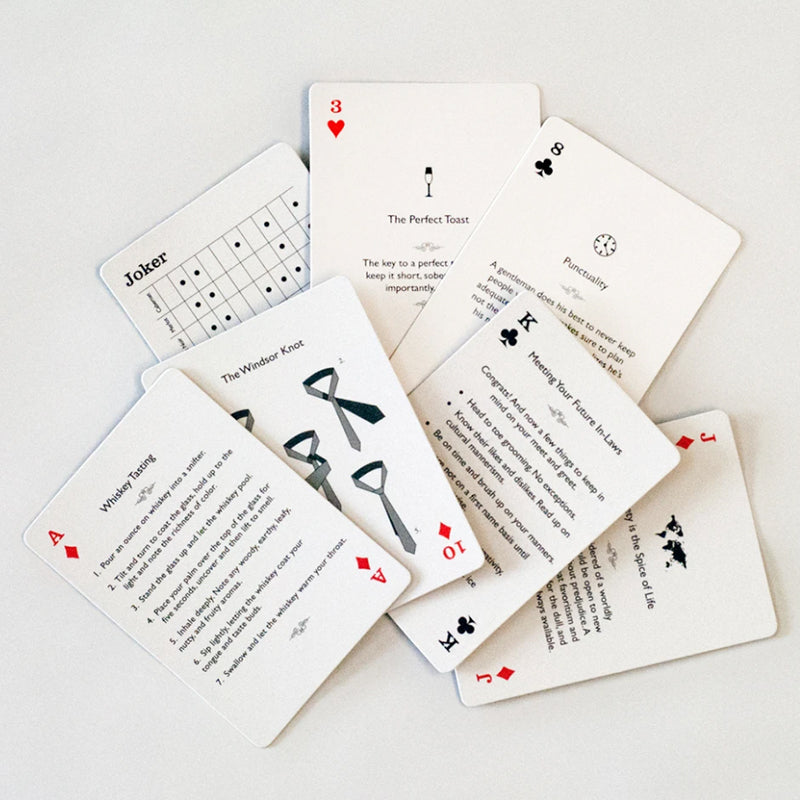 playing cards with lifestyle tips for gentlemen.