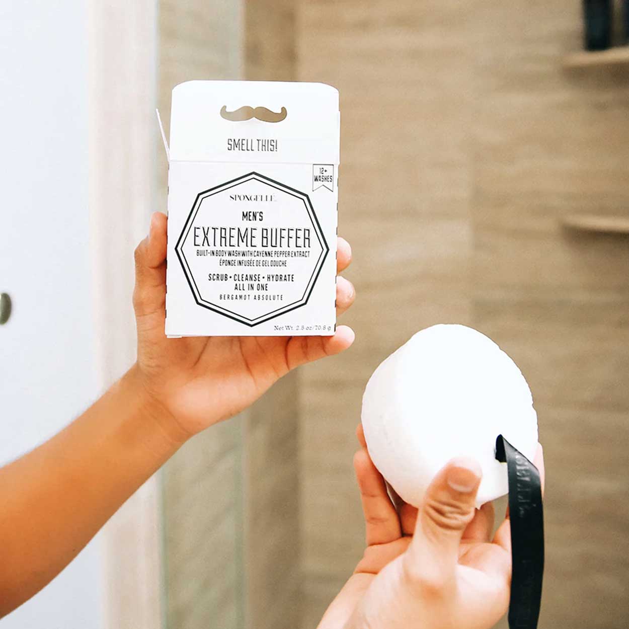 Spongelle soap infused buffer and box featured in mend grooming gift set.