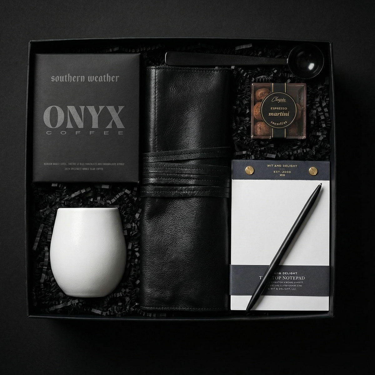 Executive Brew Gift Box with Onyx Coffee Beans, handmade cup, Sugarfina treat, Leather cord wrap, notepad and pen.