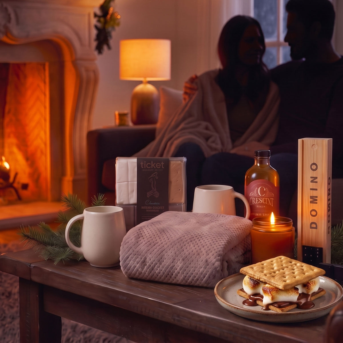 s'mores kit, 2 mugs, Crescent Apple Spice simple syrup, wooden box of dominos, fireside candle and a brown throw with a shadow of two people in a living room with a fireplace