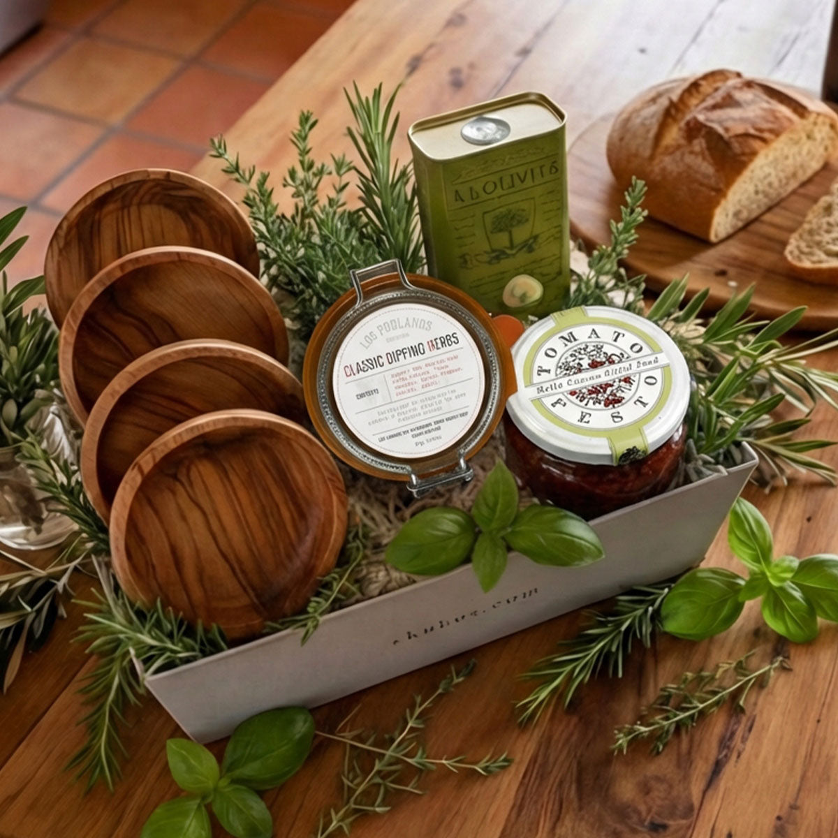 Gourmet Olive Oil Dipping Set gift box featuring artisan olive wood bowls, premium olive oil, on wooden table