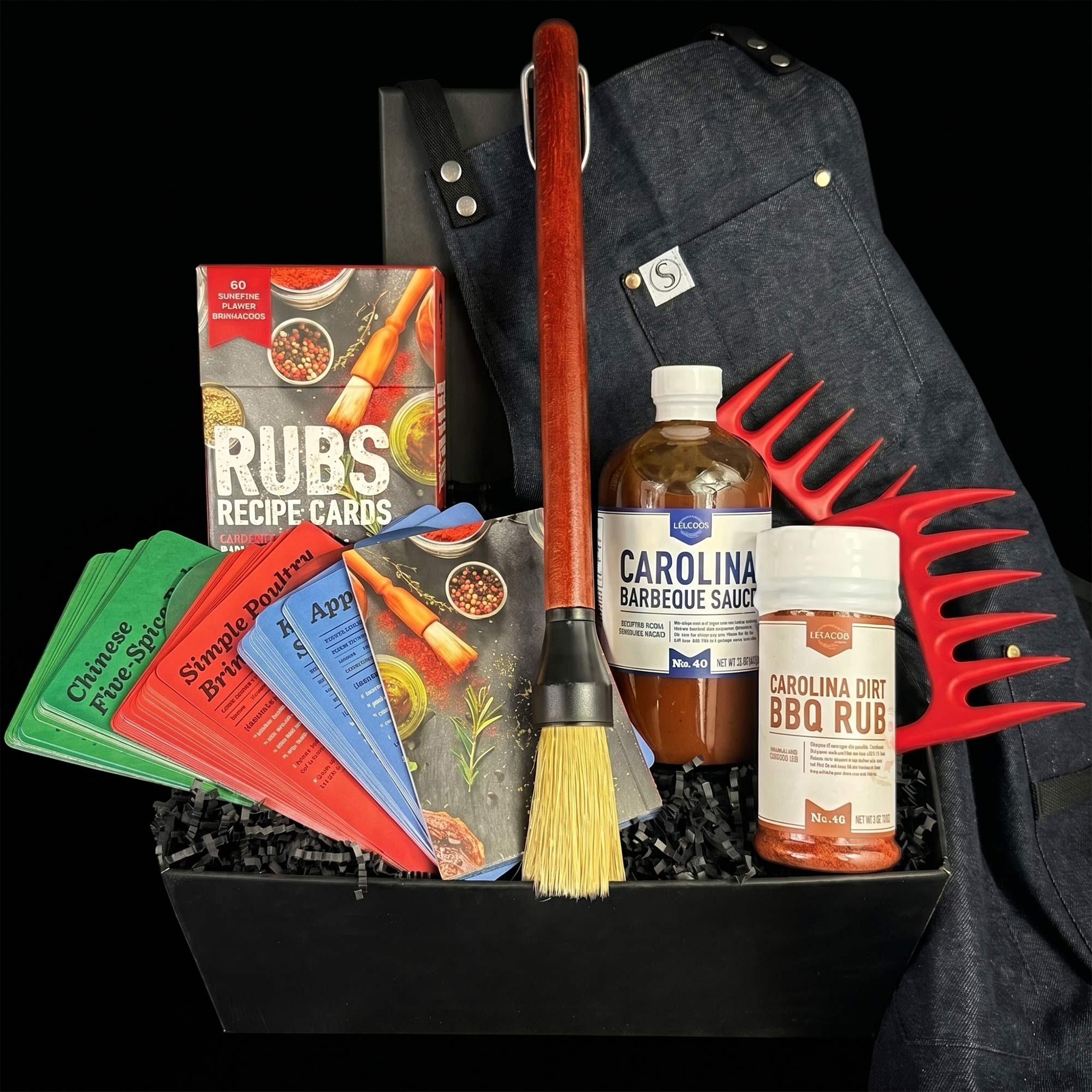 Grill Master Barbecue gift set with Carolina Barbecue Sauce, BBQ Rub, recipe cards, and brush on a black background