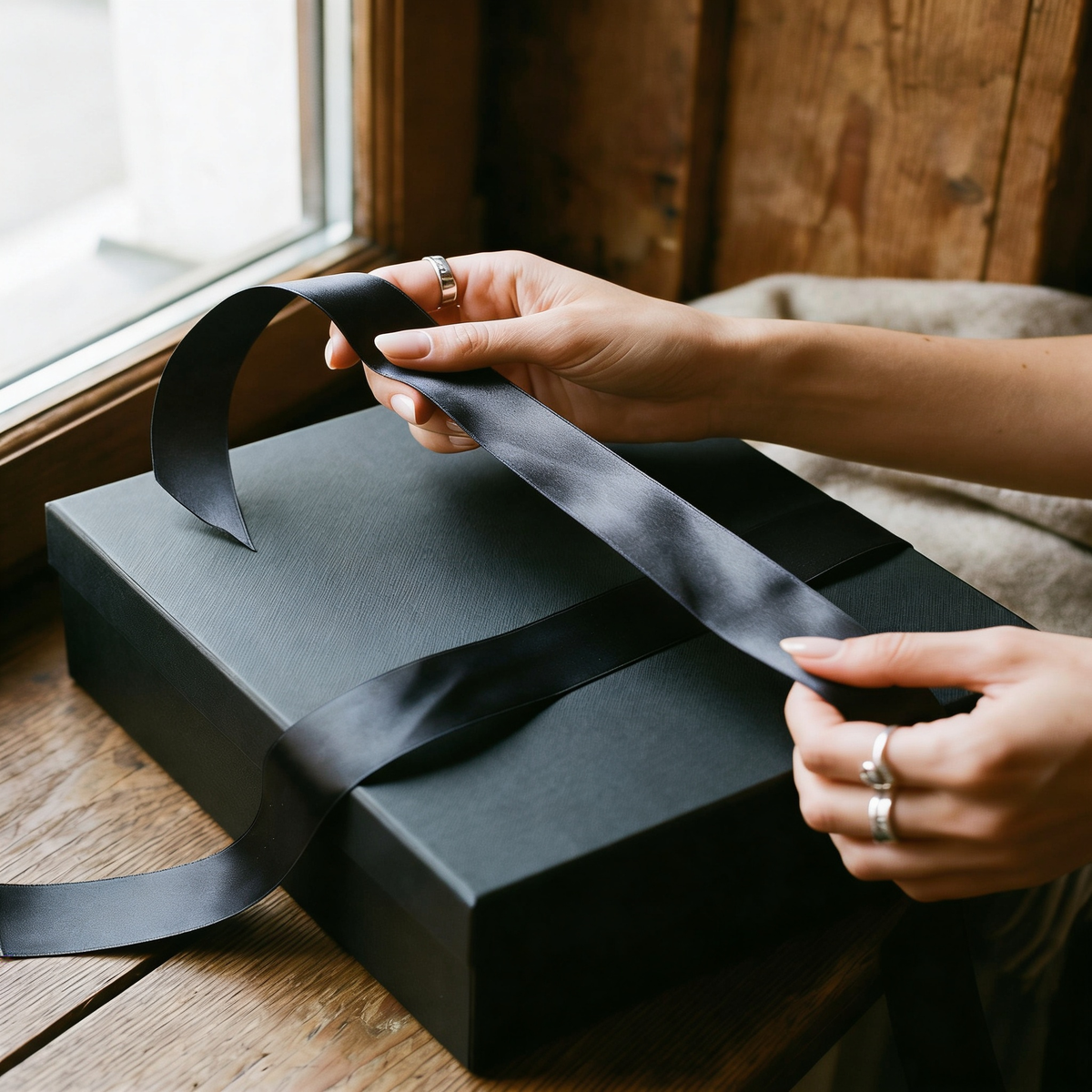 Person wrapping a black gift box with ribbon on a wooden surface.