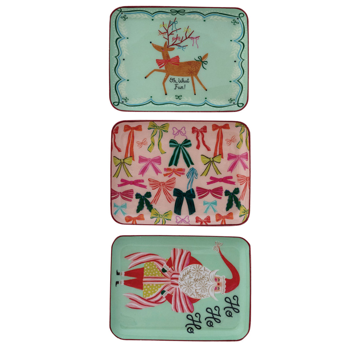Three trays one with a raindeer, one with bows and one with a santa