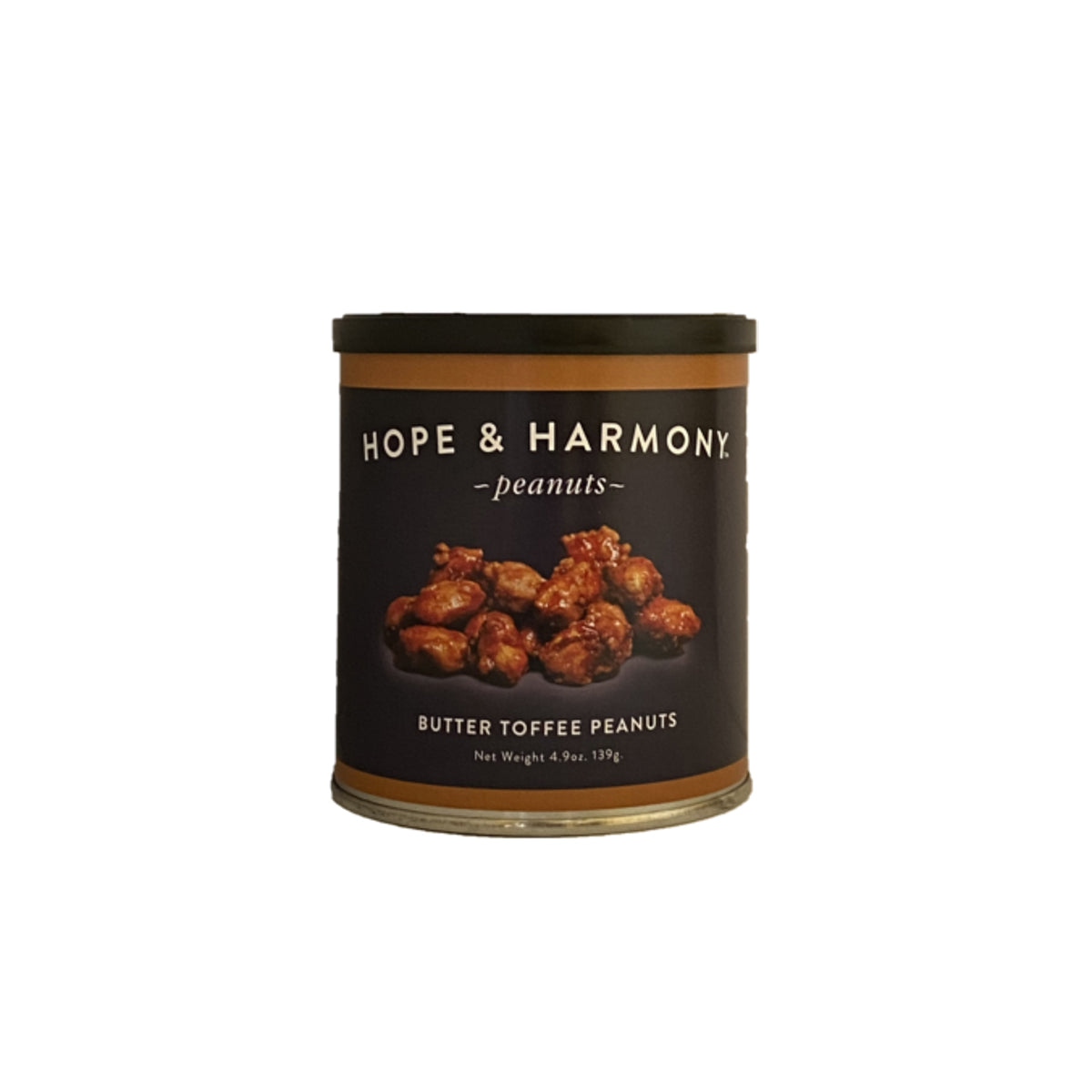 Can of Hope & Harmony Butter Toffee Peanuts on a white background