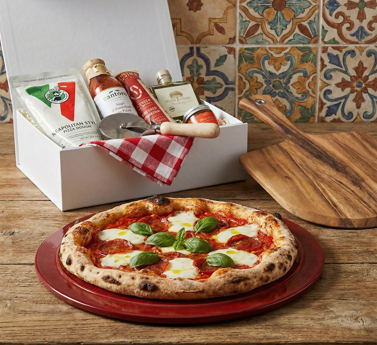 ekuBOX Gourmet Pizza Party Gift Box featuring a cooked pizza on a Le Creuset stone and a wooden pizza paddle.