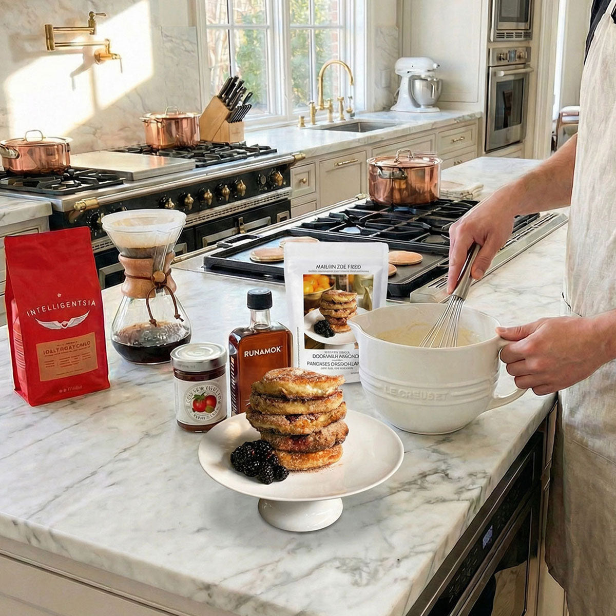 kitchen counter with doughnut pancakes, jar of jam, syrup, coffee and a le creuset batter bowl with whisk