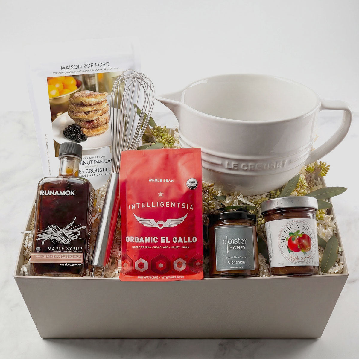 Le Creuset Batter Bowl Breakfast Gift Box maple syrup, honey, jam, coffee, whisk and pancake mix