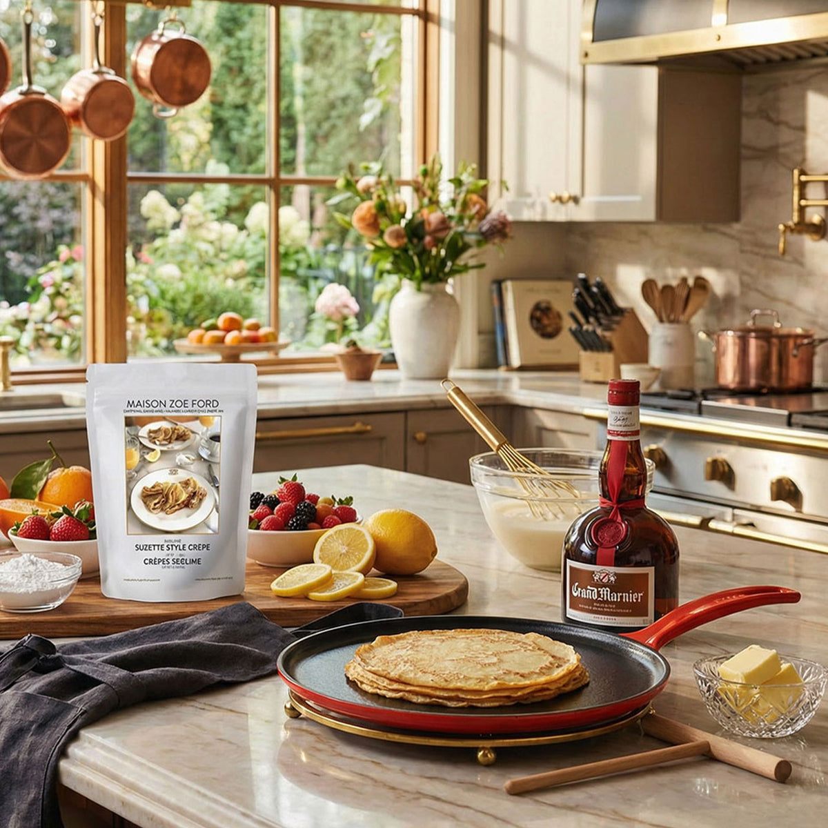 a kitchen counter with a Le Creuset crepe pan and mason zoe ford crepe mix, batter, bowl and grand mariner bottle.