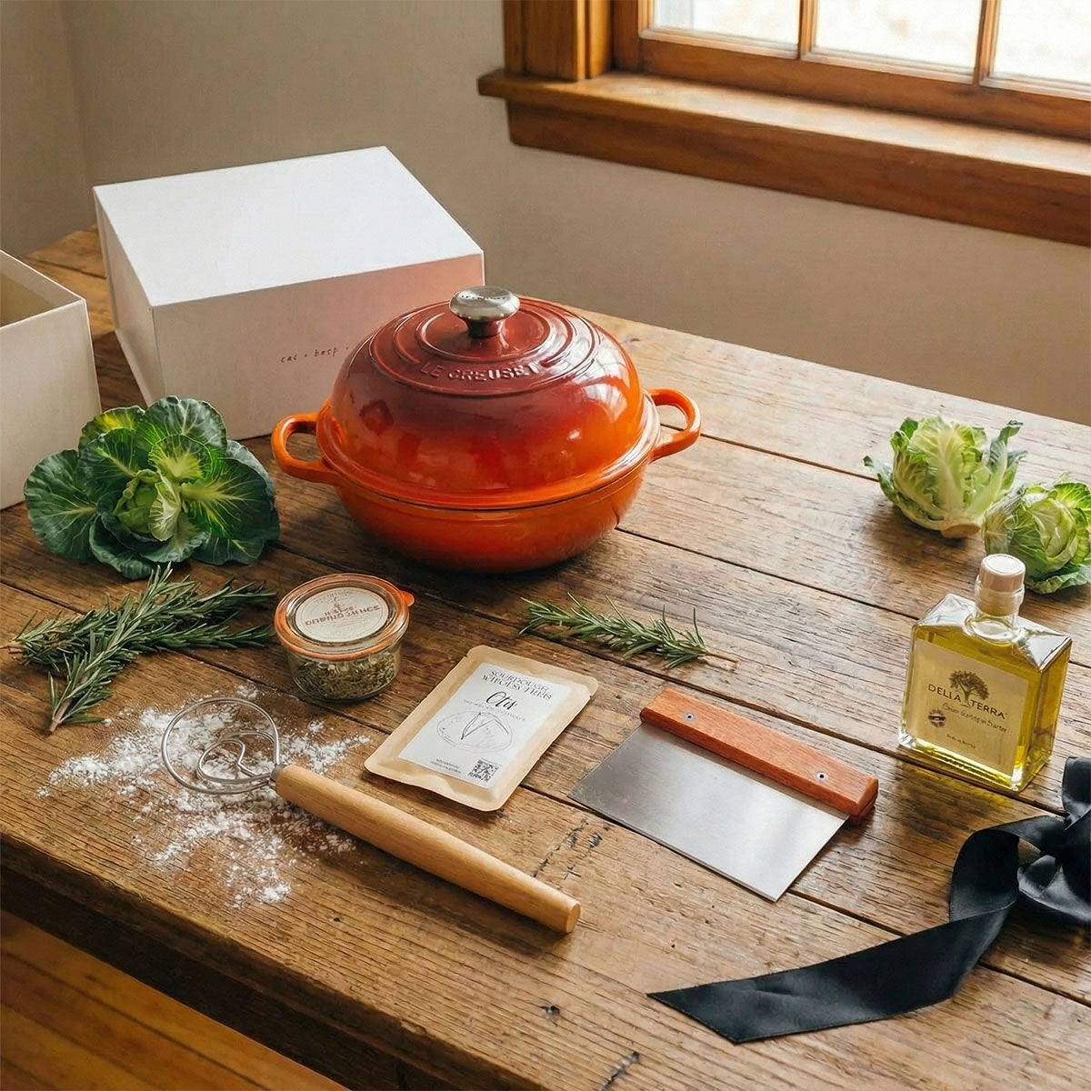 Le Creuset Sourdough bread baking kit with gift set on a wooden kitchen table wtih orange bread oven, olive oil, wisk and dough cutter.
