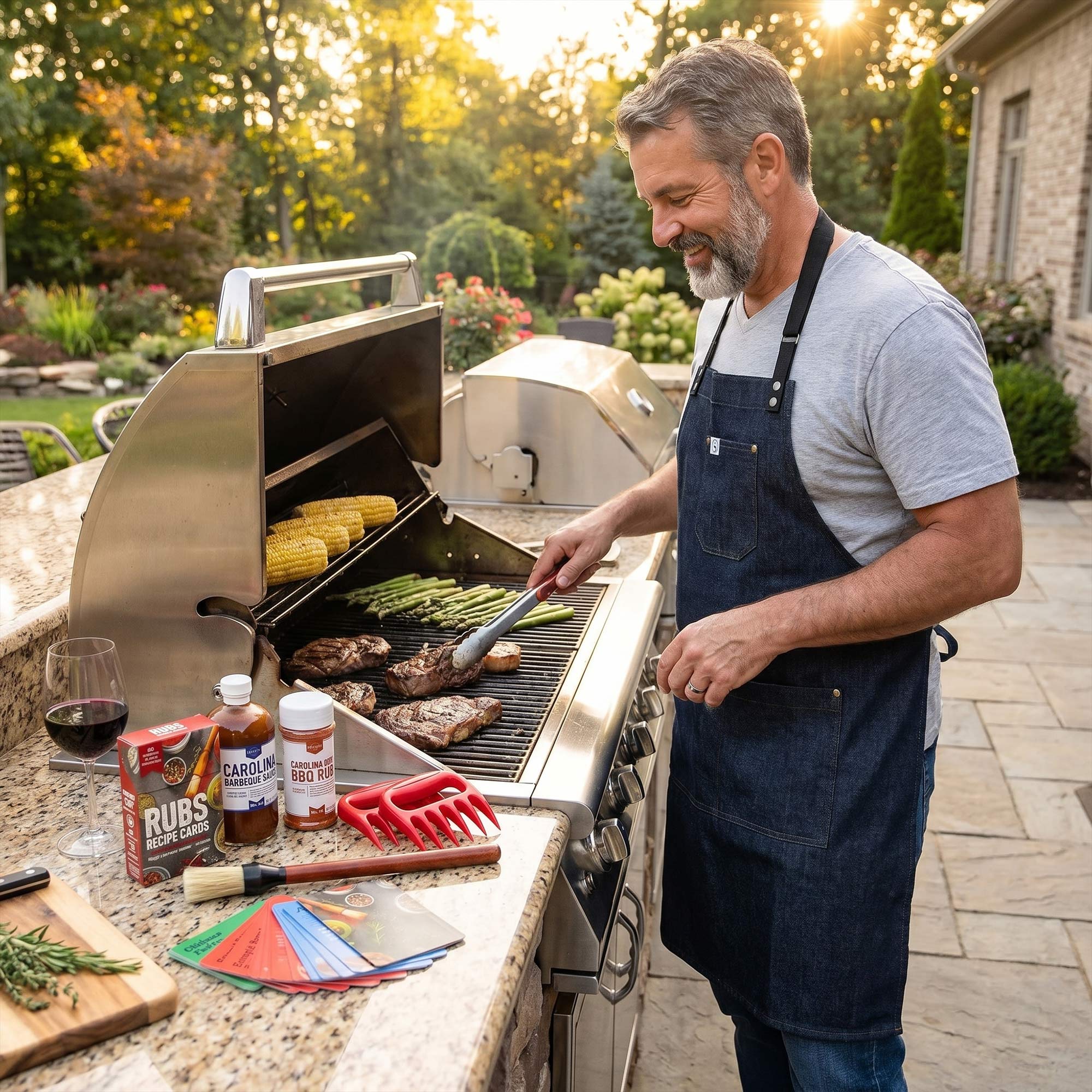 Man grilling outdoors with our grill master bbq gift set - bbq sauce, rub, recipe cards and more.